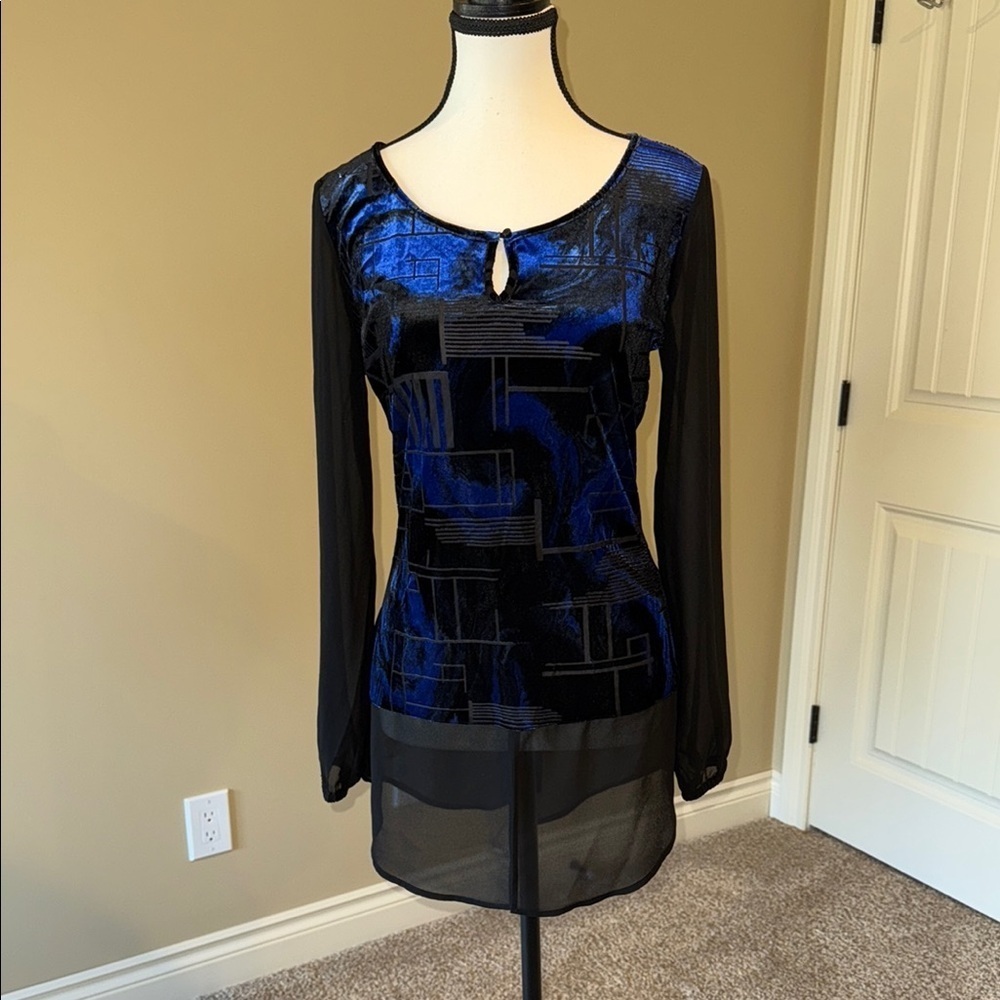Edit by Jeanne Beker Sweater Velour Sheer Black Blue Geometric Crew Neck Sz M